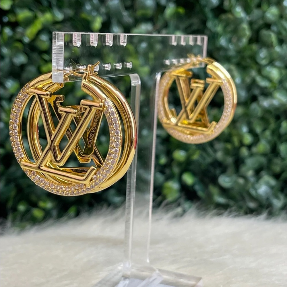 18kt Gold Plated 3cm LV Monogram Hoop Earrings